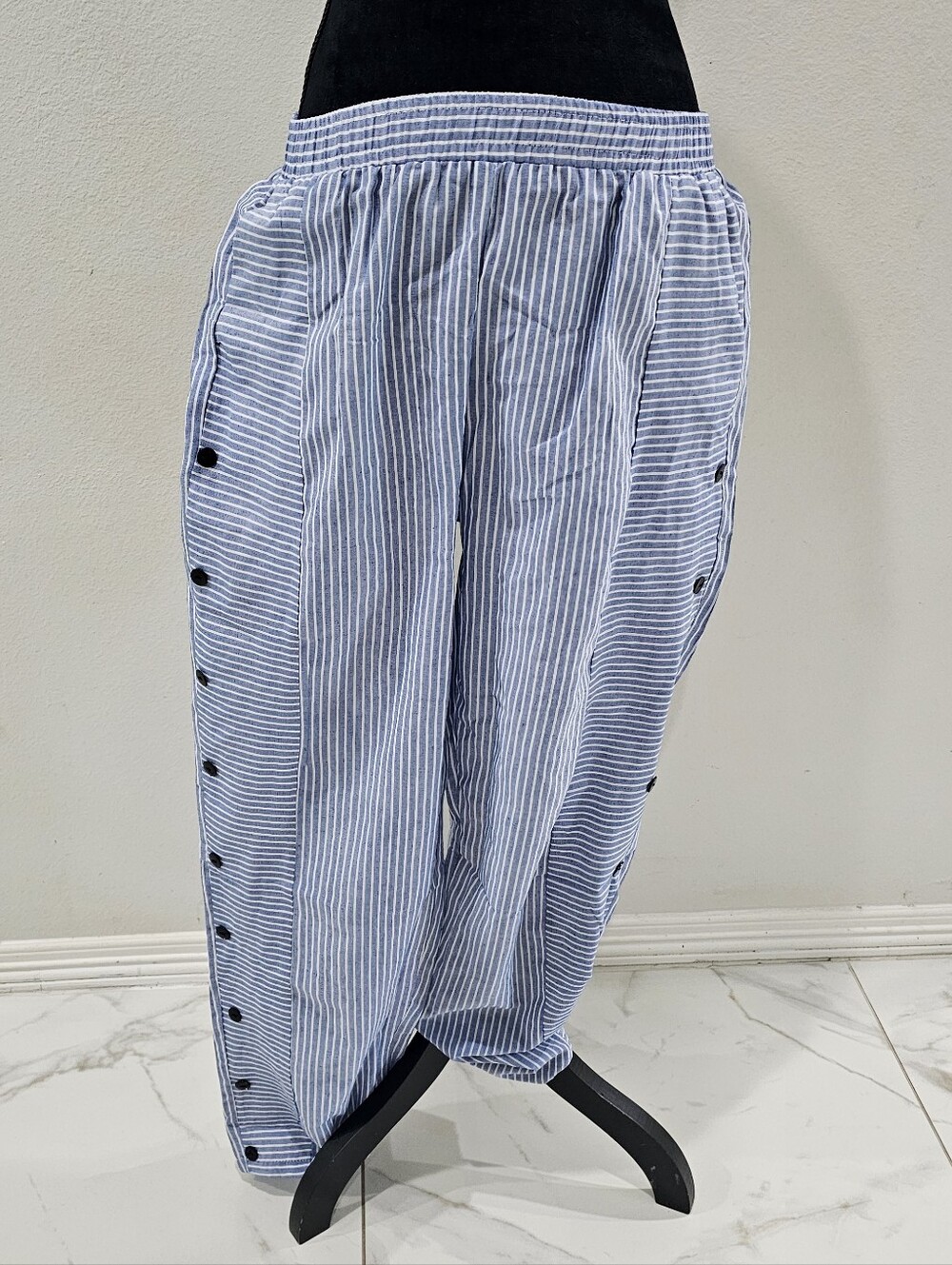Striped Blue Womens Button-Side Casual Pants